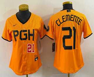 Women%27s Pittsburgh Pirates #21 Roberto Clemente Number Yellow 2023 City Connect Stitched Jersey1